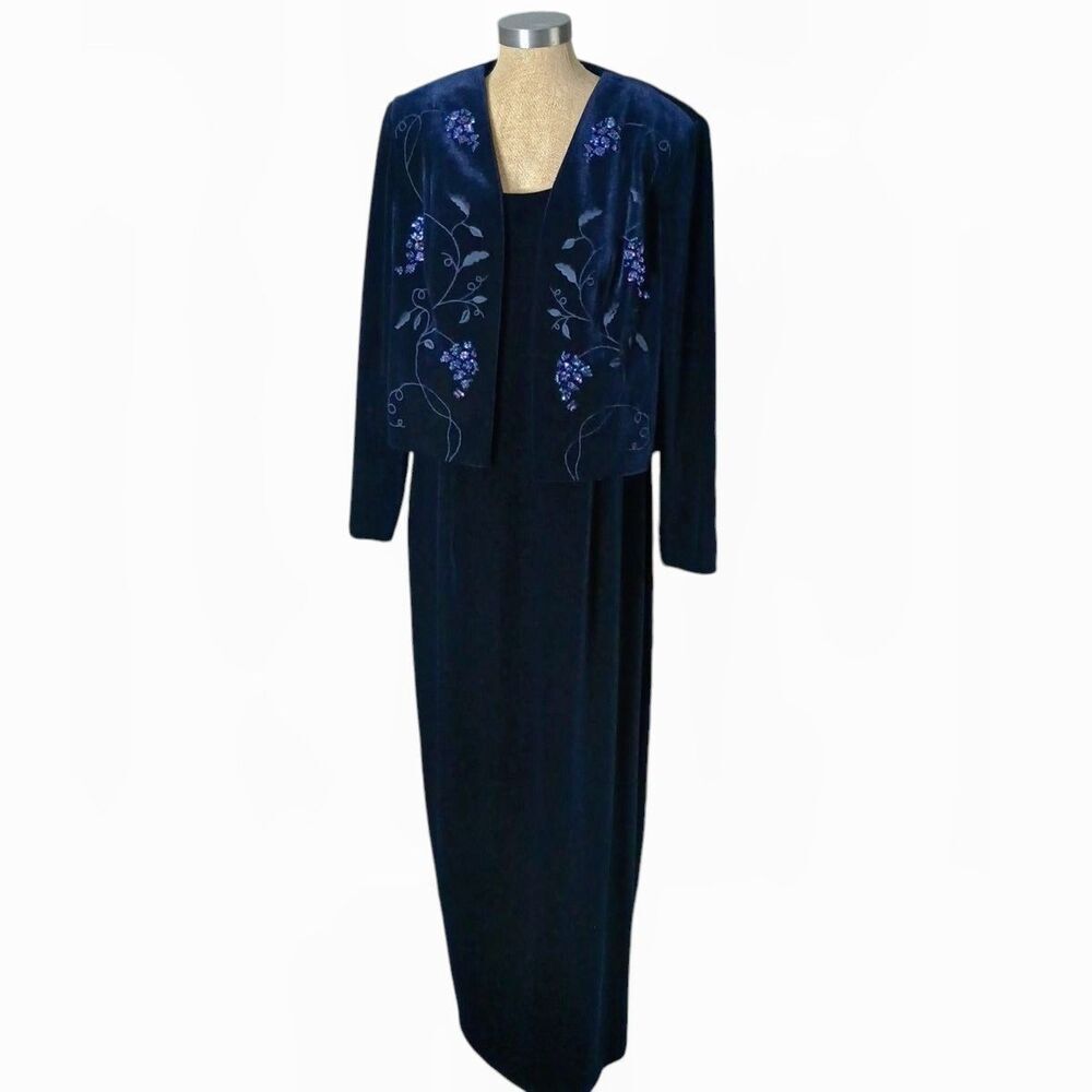 Adriana Papell Dress 16W Maxi Blue +Jacket Beaded Velvet Formal Mother Of Bride